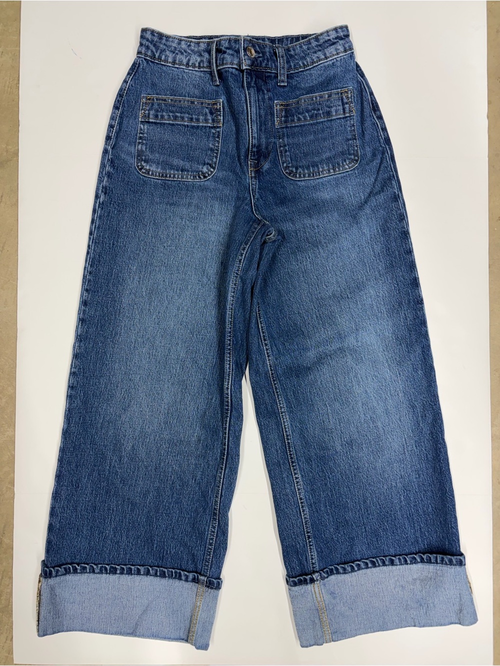 Free assembly 2 wide leg patch pocket tall cuff denim blue jeans cuffed